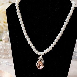 Pearl Statement Necklace with Blush Crystal Teardrop Pendant